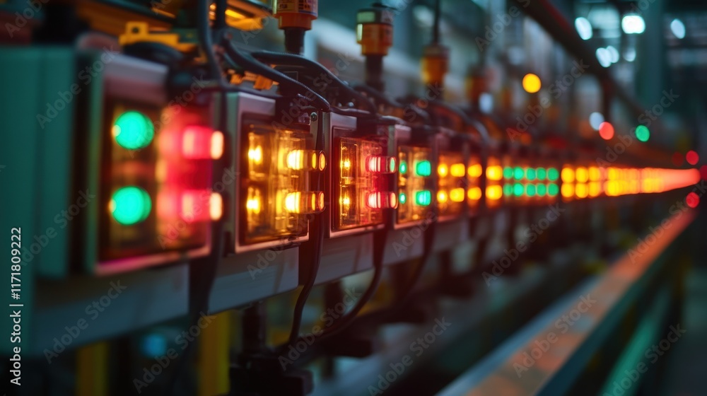 Poster colorful lights blinking on an industrial control panel, managing and monitoring an automated produc
