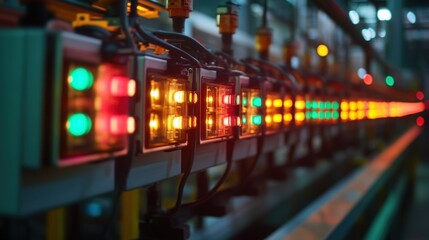 Colorful lights blinking on an industrial control panel, managing and monitoring an automated production line in a modern manufacturing facility, highlight advanced technology and efficiency