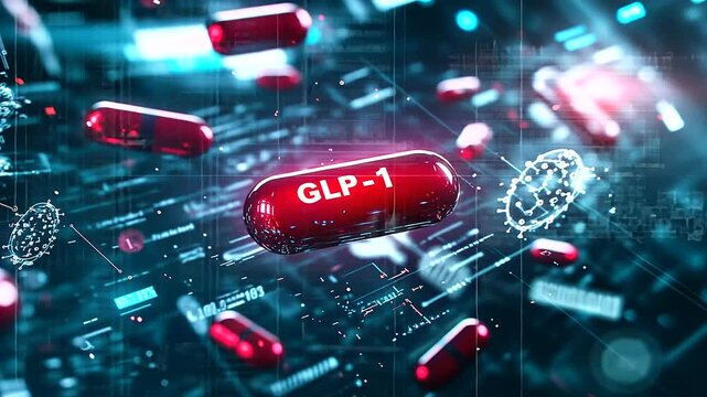 A D-rendered concept of floating pills with GLP- text, surrounded by glowing health icons and medical tools, emphasizing innovation