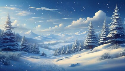 winter wonderland scene with gently falling snow covering pine trees and rolling hills evokes a feeling of peace and serenity