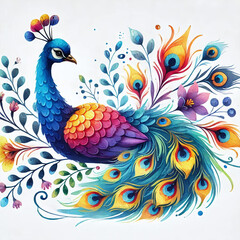 Fototapeta premium A vibrant watercolor illustration of a peacock, watercolor clipart illustration. Generative AI.
