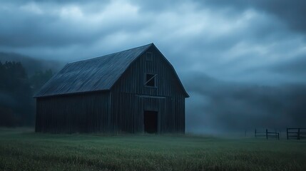 Obraz premium Old wooden barn in a foggy field at dawn.