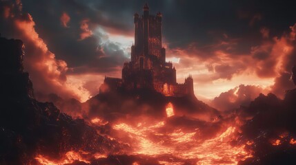Fiery volcanic landscape with dark castle.