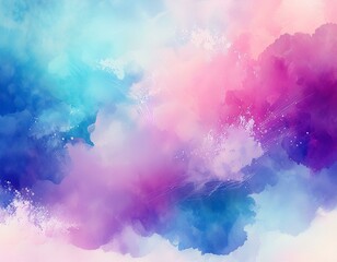 Naklejka premium watercolor background in blue pink and purple colors soft pastel color splash and blotches with fringe bleed painting in abstract clouds shapes with paper texture