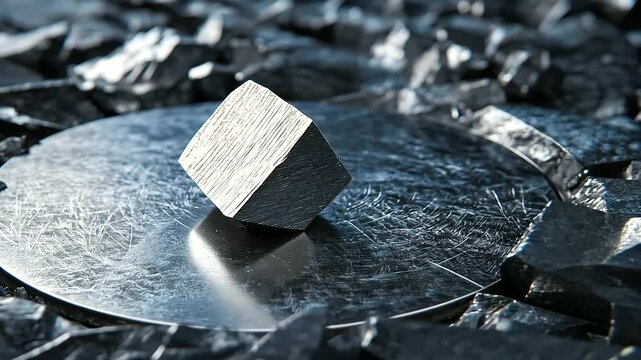 A single piece of raw lithium metal resting on a circular metallic rock arrangement, symbolizing its purity and value in the industrial world