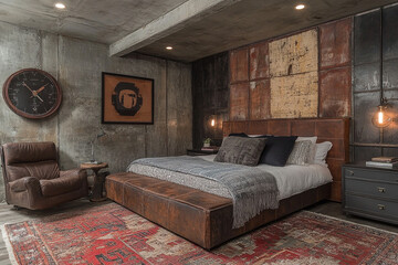 Industrial Style Master Bedroom with Leather Bed and Rustic Decor