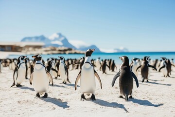 Obraz premium Large group of penguins walking on snowy Antarctic hill near polar ocean and mountain range