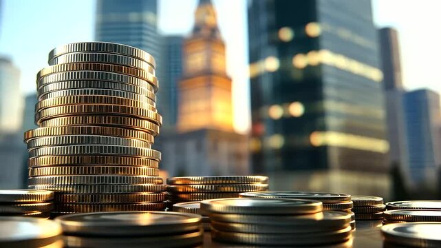 A close-up view of coins arranged in ascending stacks, with a blurred government building in the background, illustrating rising interest rates
