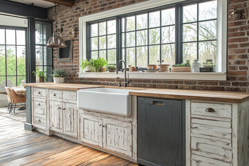 Fototapeta premium Rustic Farmhouse Kitchen With White Cabinets And Wood Countertops