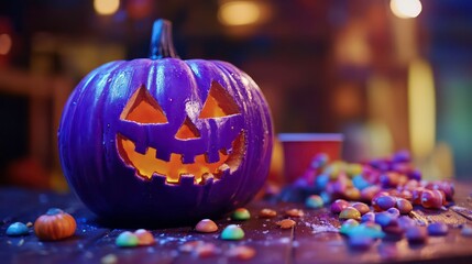 Purple Halloween pumpkin with carved face, illuminated from inside, sits on wooden table with scattered candy.