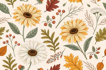Printable seamless vintage autumn repeat pattern with daisies and sunflowers. Botanical wallpaper, raster illustration in high resolution.