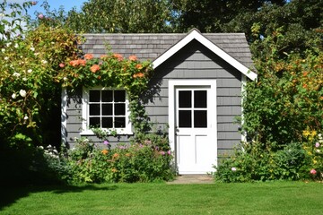 A delightful garden shed, beautifully decorated with an array of vibrant flowers, is nestled in a sunny backyard, perfectly embodying the spirit of springtime