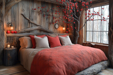 Rustic Cabin Bedroom With Red Bedding And Apple Branch
