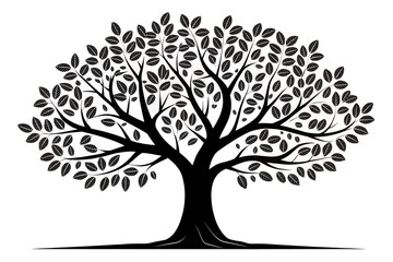 Silhouette of a tree with leaves, isolated on white background.