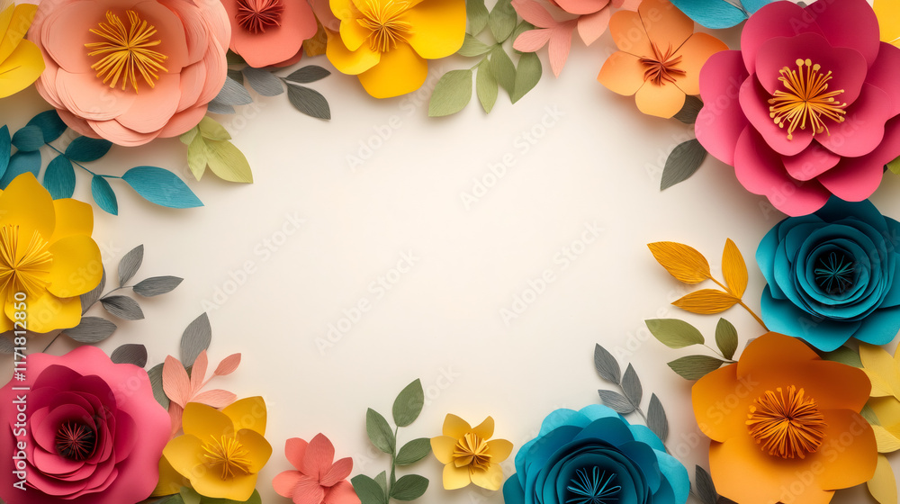 Poster vibrant paper flowers and leaves arranged on a white background creating a beautiful frame perfect f