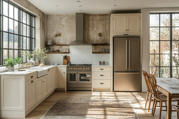 Fototapeta premium Elegant Kitchen Design With Large Windows And Cream Cabinets
