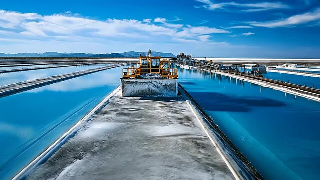 Rows of lithium ponds in varying stages of evaporation, surrounded by pipelines and pumping systems, with heavy equipment moving salt deposits