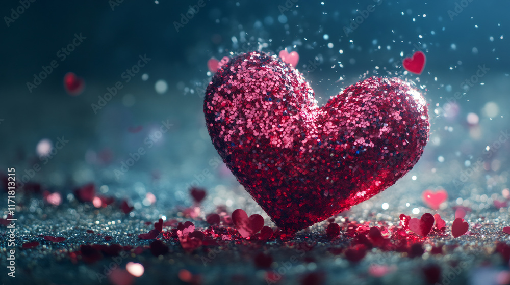 Aufkleber red glittery heart surrounded by small hearts on a sparkling background creating a romantic bokeh ef
