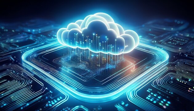 digital cloud glowing on a dark circuit board is processing data in a visualization of cloud computing - Powered by Adobe