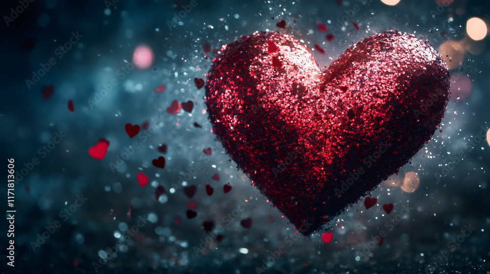 Poster red glittery heart exploding and spreading small hearts on a dark blue background, perfect for valen