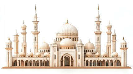 A grand, white mosque with multiple domes, minarets, and intricate details, isolated on a white background.