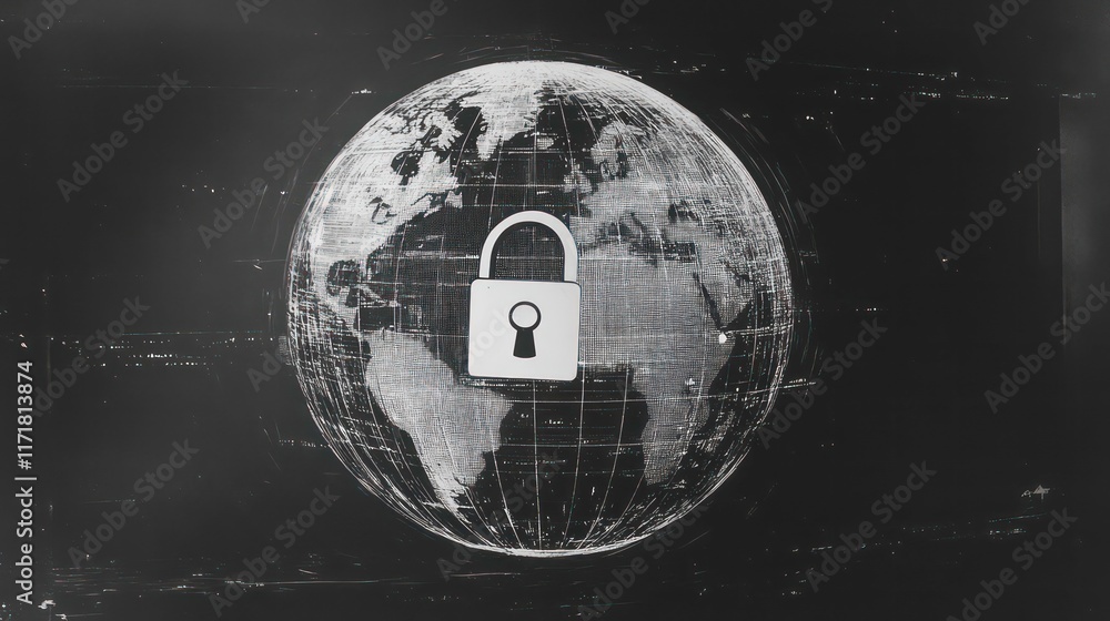 Poster global security concept with a padlock on a digital earth.