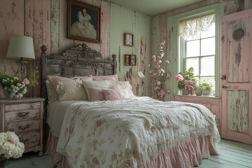 Romantic Shabby Chic Bedroom With Floral Bedding And Antique Furniture