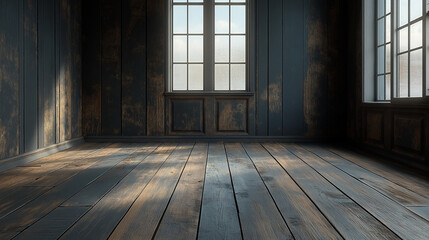 The room features weathered wooden floors and walls, with large windows allowing natural light to filter through, creating a warm yet rustic atmosphere