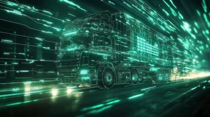 Futuristic digital semi-truck speeding on a highway, glowing with green digital lines.