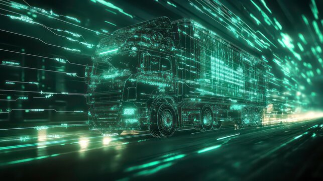 Futuristic digital semi-truck speeding on a highway, glowing with green digital lines.