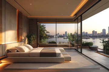 Modern Bedroom Suite Overlooking City Skyline at Sunset