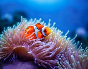 close up view of a clown fish hiding in its colorful anemone home suitable for use in ocean or marine themed designs