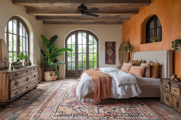 Rustic Mediterranean Bedroom Design Featuring a Comfortable Bed