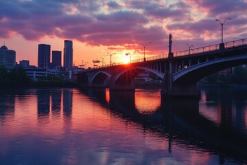 Naklejka premium Stunning Bridge Over River at Sunrise: Urban Skyline Reflected in Calm Waters