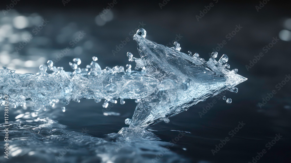 Poster water arrow pointing right, formed by splashing liquid, dark background.