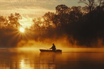 Silhouette of fisherman at sunrise on misty lake