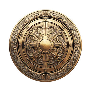 gold round shield medieval armor isolated on a white background