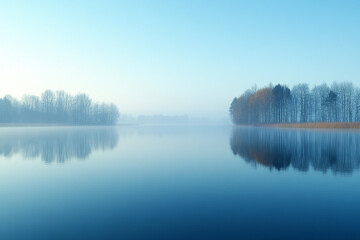 Fototapeta premium Serene Winter Lake with Misty Trees Reflected