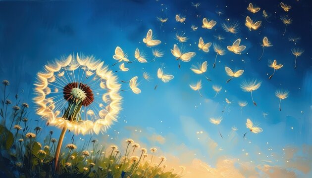Fototapeta illustration created with flying dandelion flowers and bright butterflies