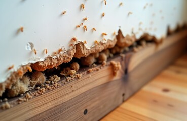 Close-up view of termite damage on wooden interior. Termites eating wood structure. Wood surface...