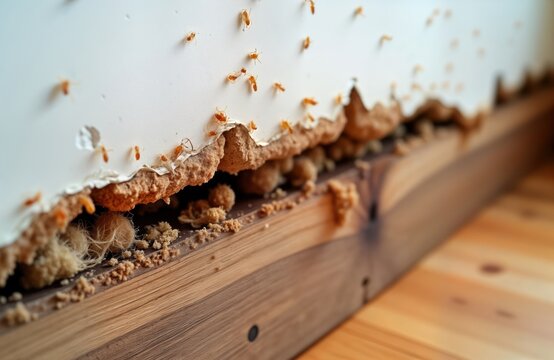 Close-up view of termite damage on wooden interior. Termites eating wood structure. Wood surface shows signs of termite infestation. White wall shows damaged area. Wooden plank damaged, hollowed out.