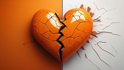 vibrant orange cracked heart symbolizing heartbreak broken relationships or emotional struggles on a split colored orange and white background