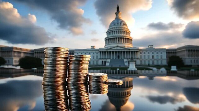 A composition of coins stacked in descending order, placed on a reflective surface, with a government building and clouds reflected in the background