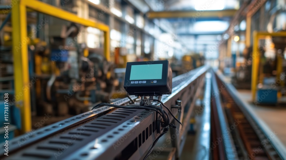 Poster programmable logic controller - plc - with a digital screen and buttons is attached to a conveyor be