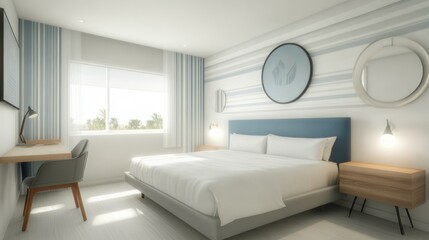 Fototapeta premium Modern hotel room, sunny, coastal view, minimalist decor, vacation rental