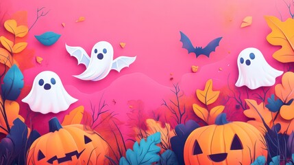 Cute Halloween ghosts and pumpkins amidst autumn leaves on pink background.