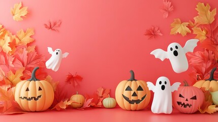 Halloween pumpkins, ghosts, and autumn leaves on a coral background.