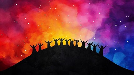 Silhouetted figures raise their arms in joyful celebration against a vibrant watercolor sky. A breathtaking scene of unity and hope.