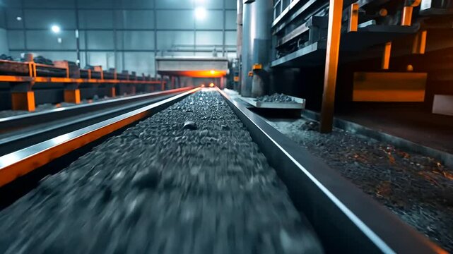 A dramatic industrial setting with raw lithium metal and metallic rocks displayed on a conveyor belt, with soft lighting and a blurred factory background
