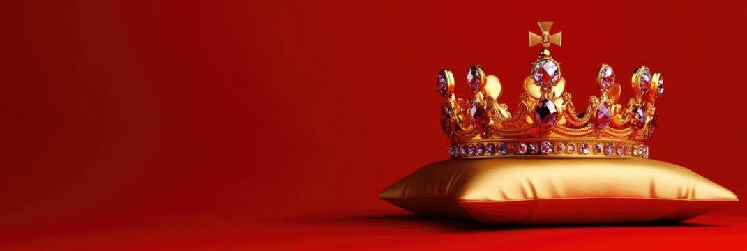 Regal Crown Display: Luxurious Golden Crown Adorned with Gems Resting on a Plush Pillow, Symbolizing the Majesty of the UK Monarchy Against a Rich Red Backdrop